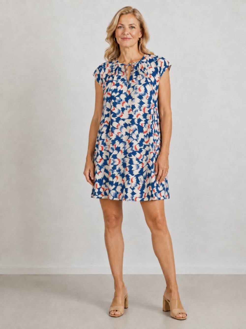 Chufy Mara Organic Cotton Colorful Abstract Print Tie Neck Shift Mini Dress XS/S